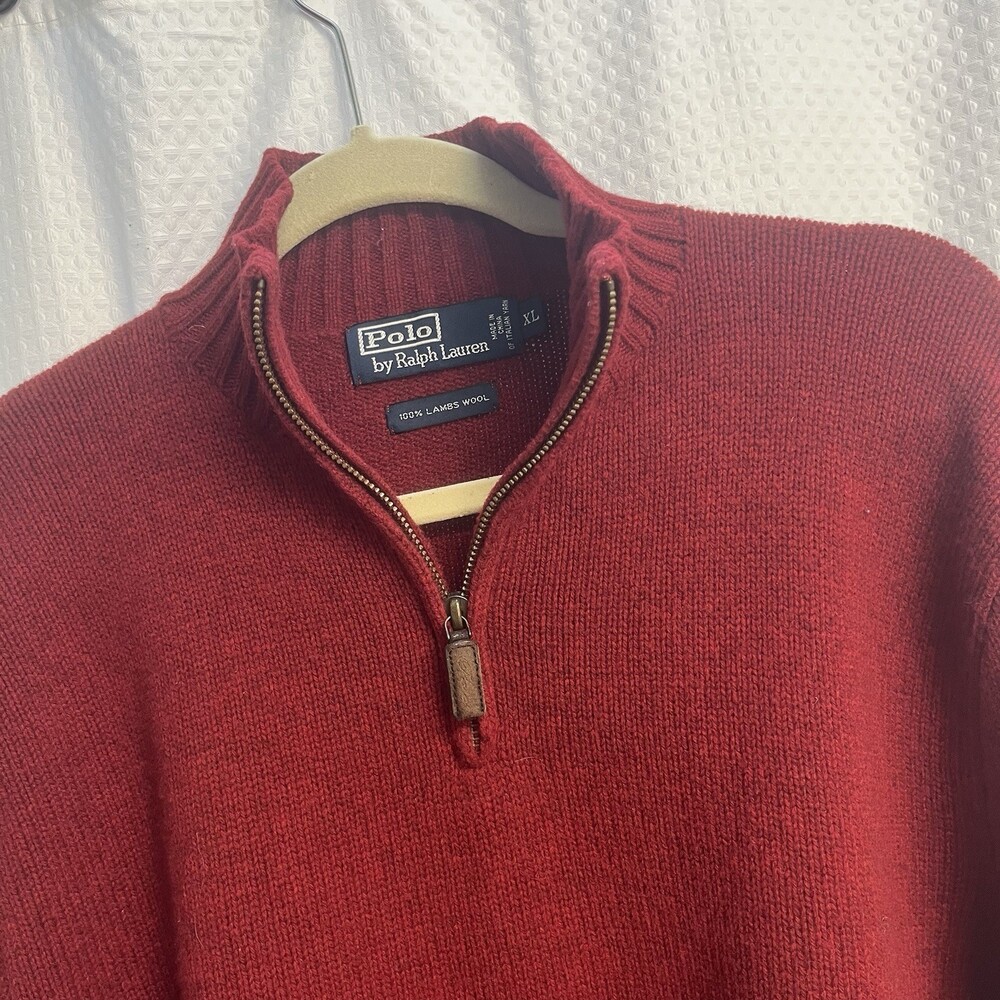 Vtg Polo Ralph Lauren Red Italian Lambs Wool 1/4 Zip Sweater Preppy XL 90’s